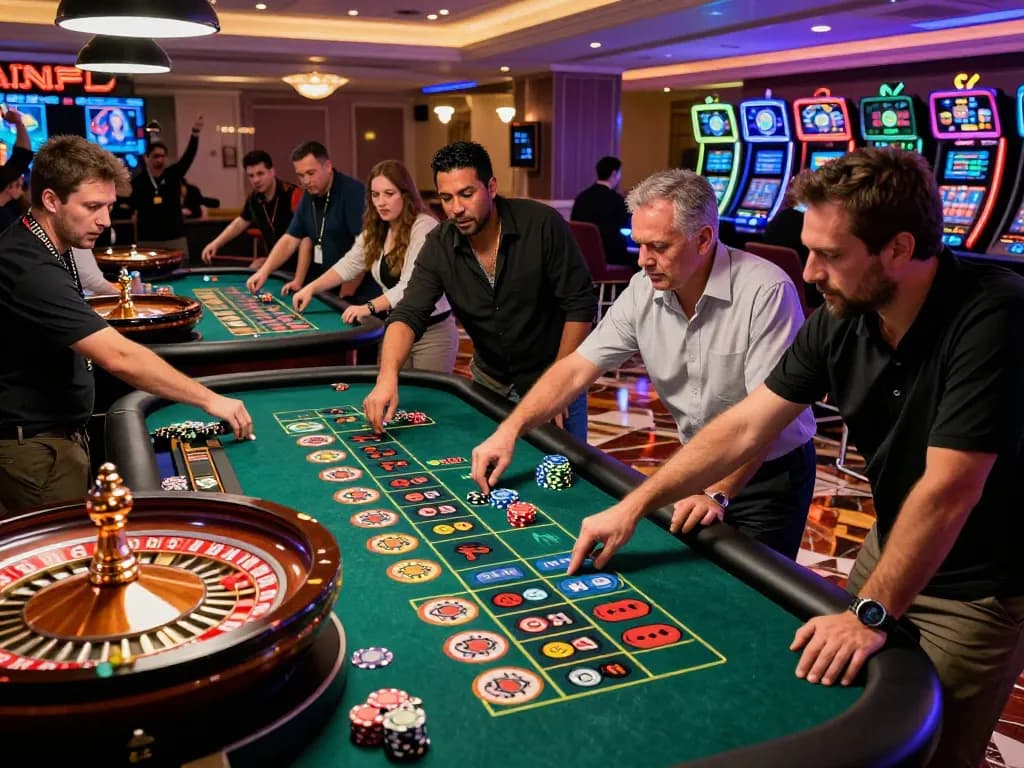 Active roulette gameplay at a vibrant casino floor scene showcasing players and croupiers, linked to https://cak-t.com/ for exciting gambling strategies.