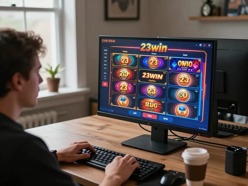 Engaging player enjoying online slots at 23win with vibrant graphics and focused atmosphere