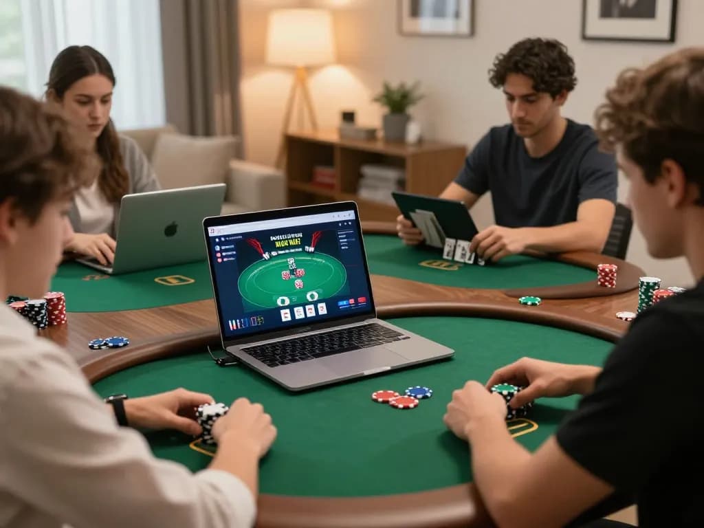 Players strategizing in an online poker game using HD88 platform on multiple devices, showcasing immersive gameplay.