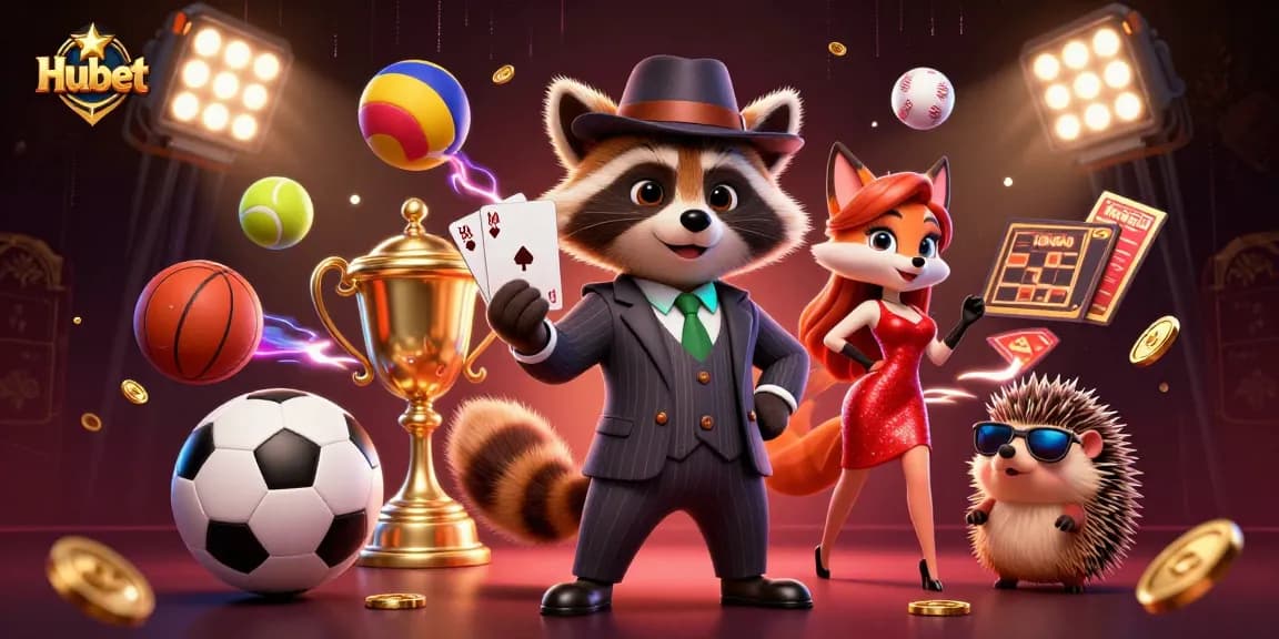 Experience thrill at Hubet with a suave raccoon and stunning fox, amidst vibrant gaming elements.