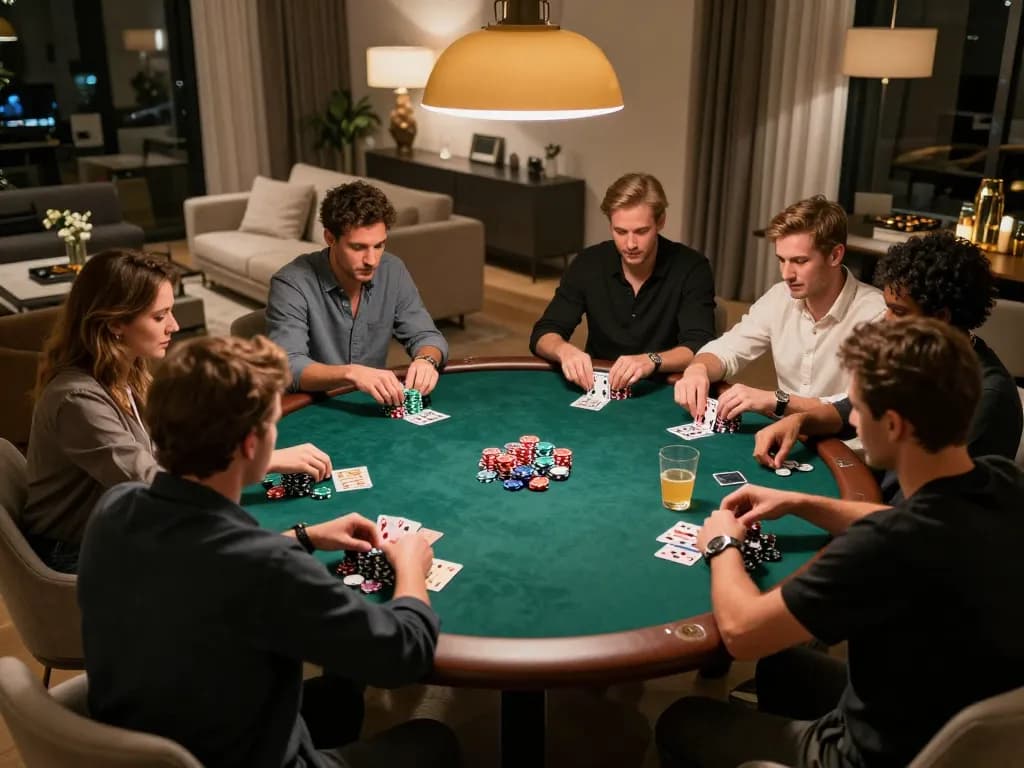 Players engaging in a friendly poker night at home, optimizing their strategies with 33win.