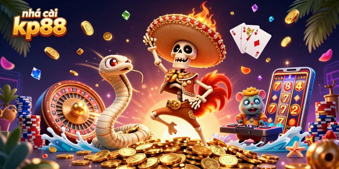 Engage with nhà cái kp88's vibrant 3D casino scene featuring a dynamic celebration with animated characters and gaming elements.