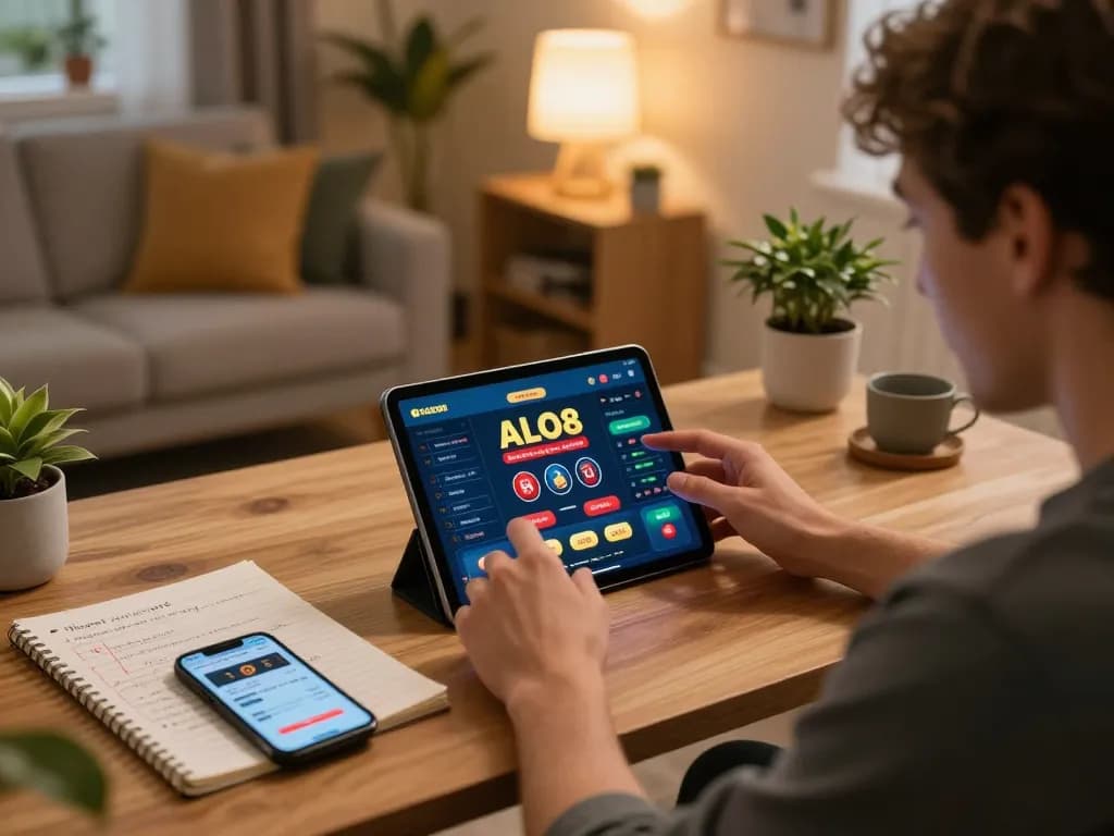 Player engaging in online casino games with ALO8 app on tablet, showcasing a relaxed gaming environment.