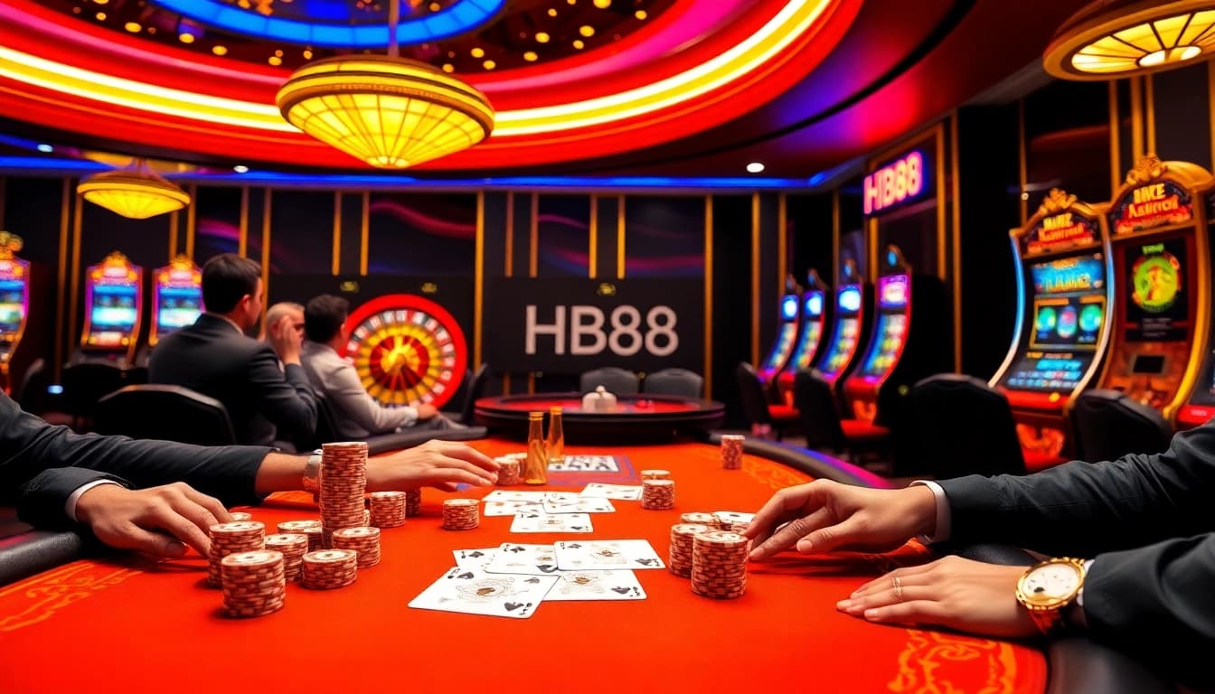 Experience thrilling gameplay at HB88's luxurious casino with poker chips and vibrant lights.