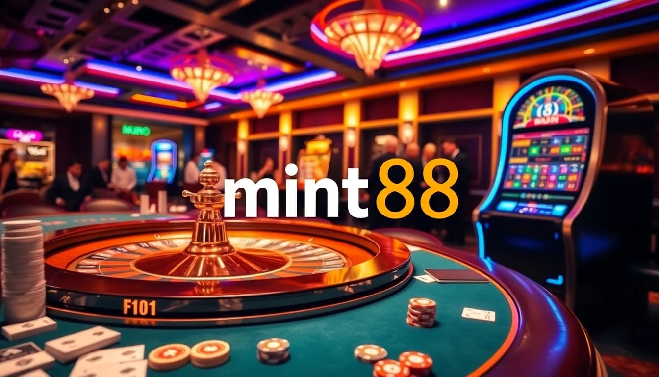 Experience high-stakes excitement at mint88 with a modern casino gaming scene featuring roulette and cards.