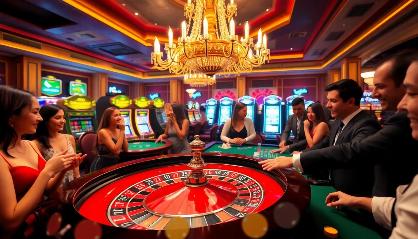 KJC players enjoying a thrilling experience at a luxurious roulette table in a vibrant casino.