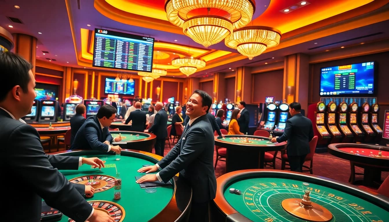 Excited gamblers enjoying various games at XX88 casino, capturing a vibrant atmosphere.