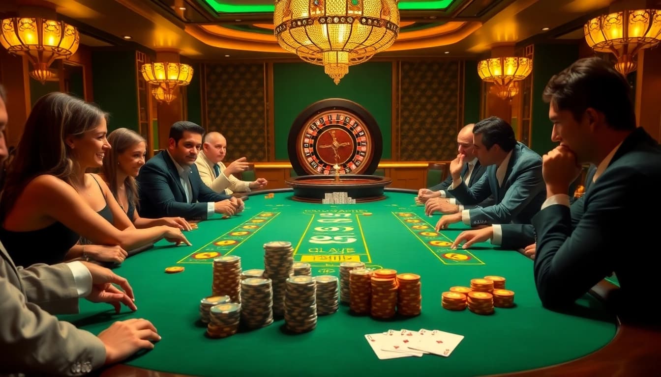 Players enjoying a thrilling poker game at a qh88 casino, featuring vibrant poker chips and a roulette wheel.