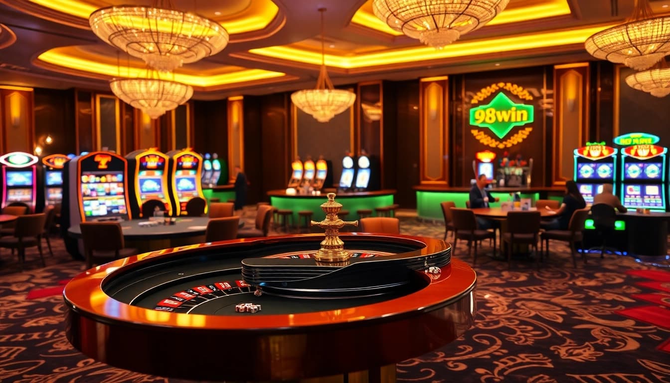Exciting 98win casino scene with roulette table and vibrant slot machines.