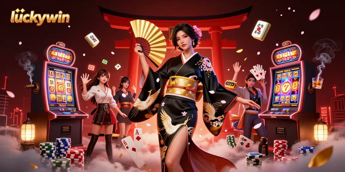 Engage with the vibrant action of luckywin, featuring a dynamic casino scene with elegant characters and slot games.