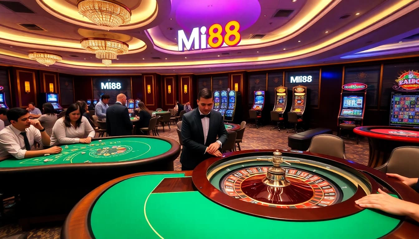 Exciting MI88 casino scene with live games, poker tables, and vibrant slot machines.