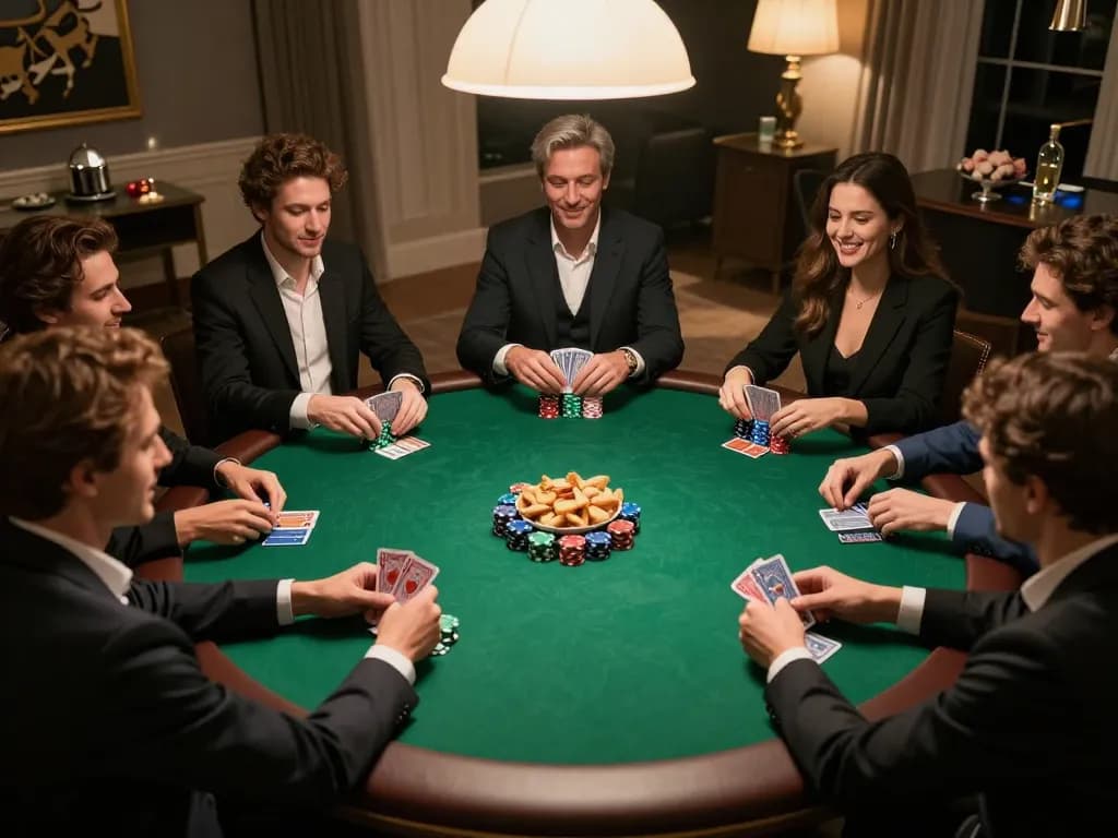 33win poker night at home, friends engaged in strategy and excitement with chips and cards.