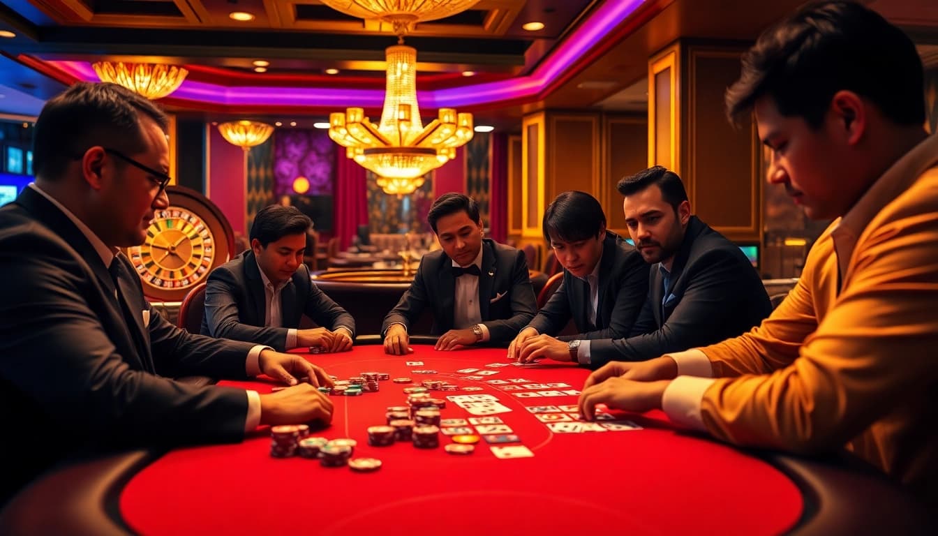 Exciting gameplay at 68VIP casino featuring poker players strategizing with chips and cards.