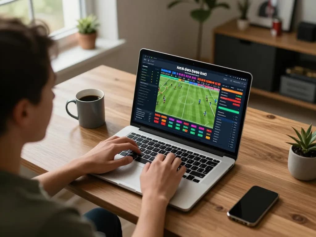 Tracking kết quả bóng đá while engaging in sports betting at a modern desk setup with exciting visuals on screen