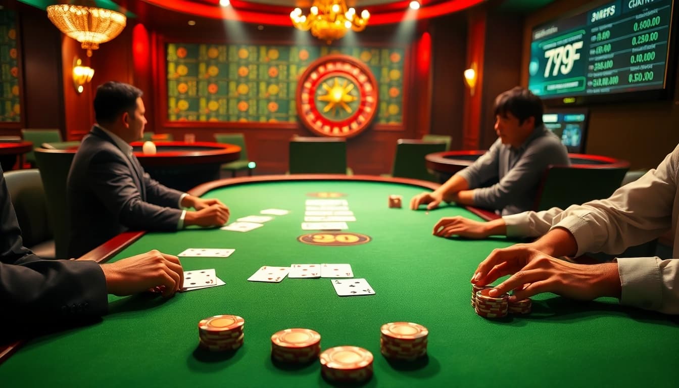 Exciting poker game scene at 789F casino featuring cards, chips, and roulette wheel.