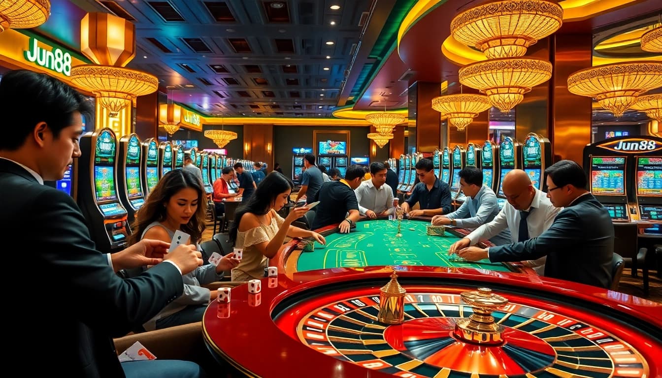 Engaged players enjoying the dynamic atmosphere of Jun88 casino with various gambling elements like slots and roulette.