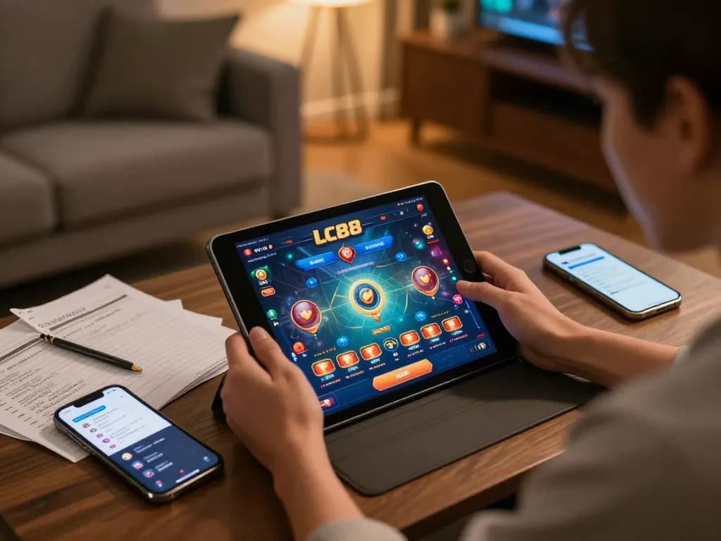 Player enjoys LC88 online gaming experience on tablet amidst cozy home setting