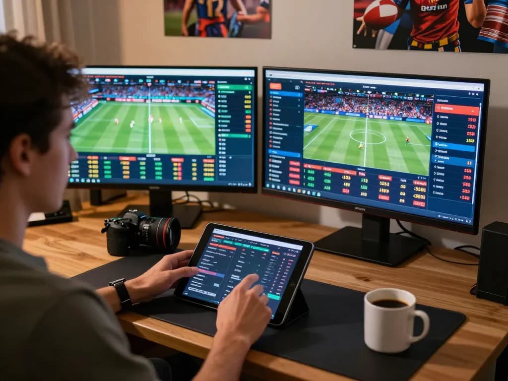 Tỷ lệ kèo nhà cái 5 displayed on multiple screens during an engaging sports betting session at home.