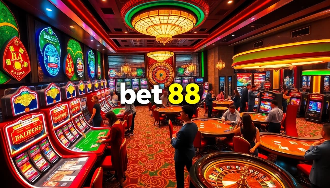 Players enjoying a thrilling gaming experience at the luxurious bet 88 casino, featuring vibrant tables and slot machines.