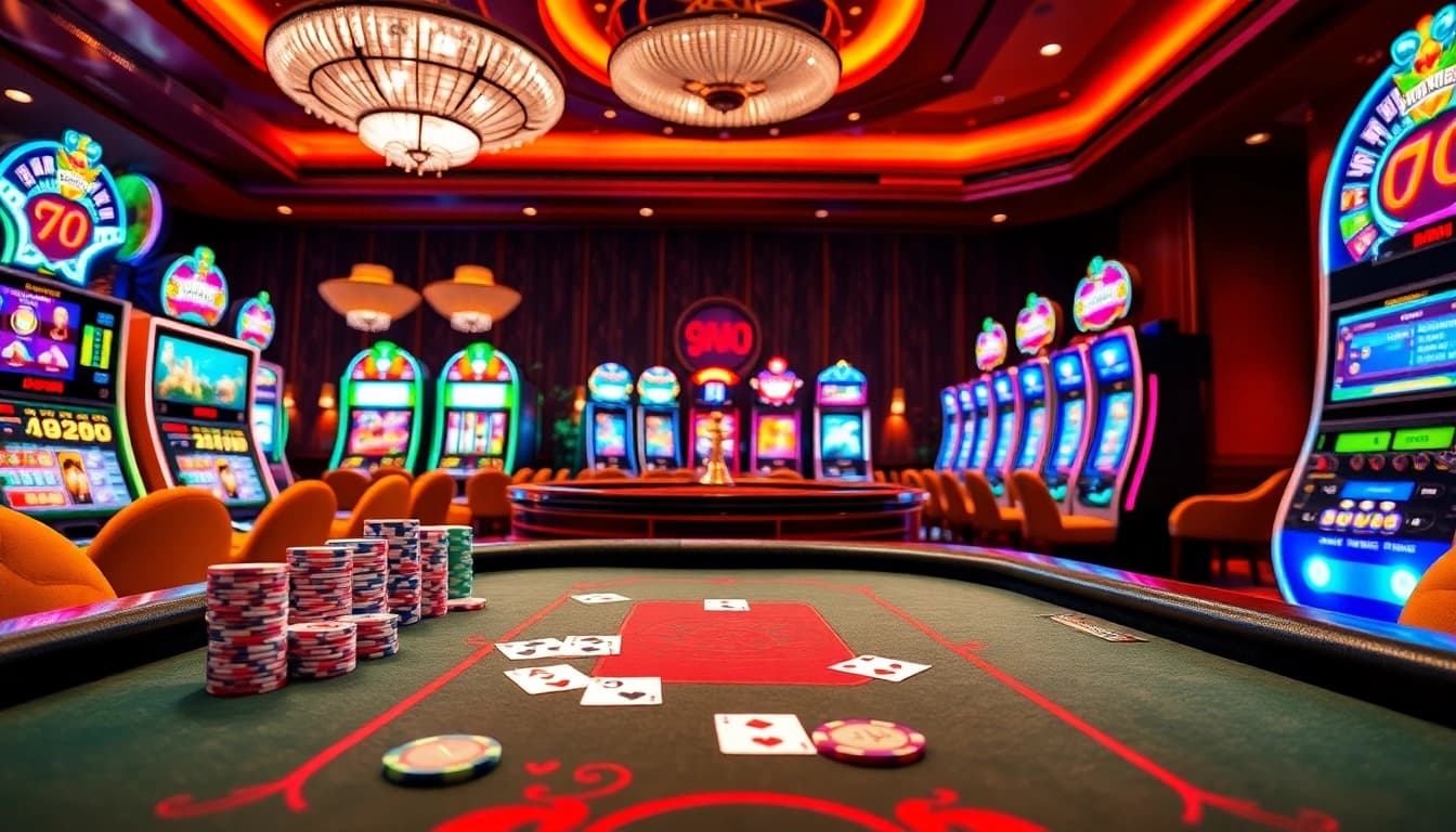 Experience thrilling gameplay at 98Win's poker table, surrounded by vibrant slot machines and roulette excitement.