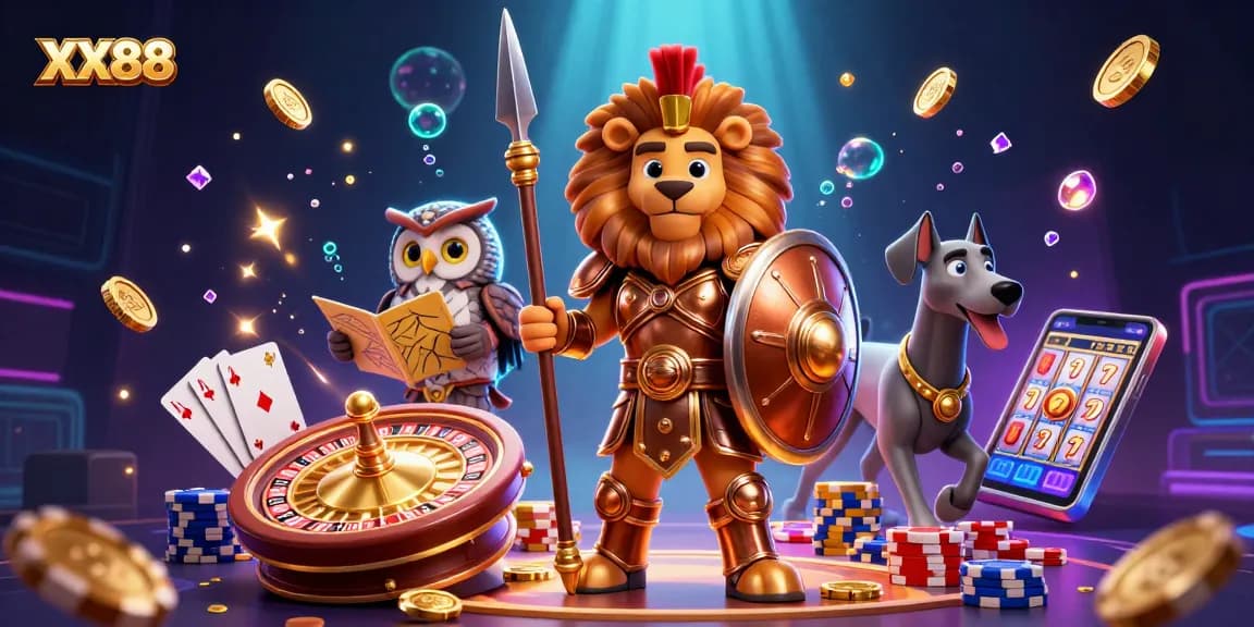 Experience the exhilarating gaming world of XX88 with a vibrant 3D depiction of a Spartan lion in full armor and strategic owl amidst cascading coins and a spinning roulette.
