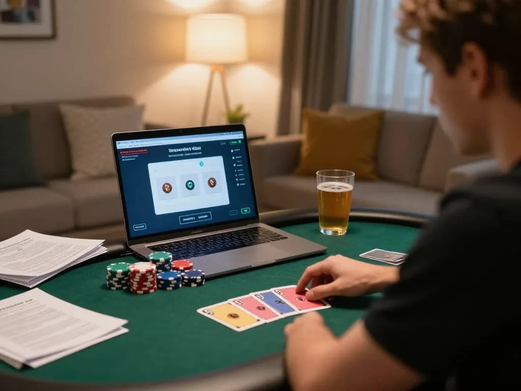 Player engaging in strategic online gambling at tx88 with focused demeanor on laptop screen.