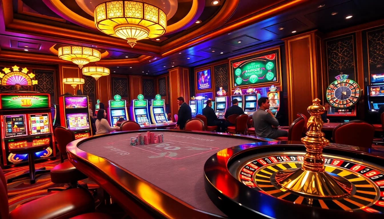 Experience thrilling moments at the EE88 casino with vibrant gaming tables and illuminated slots.