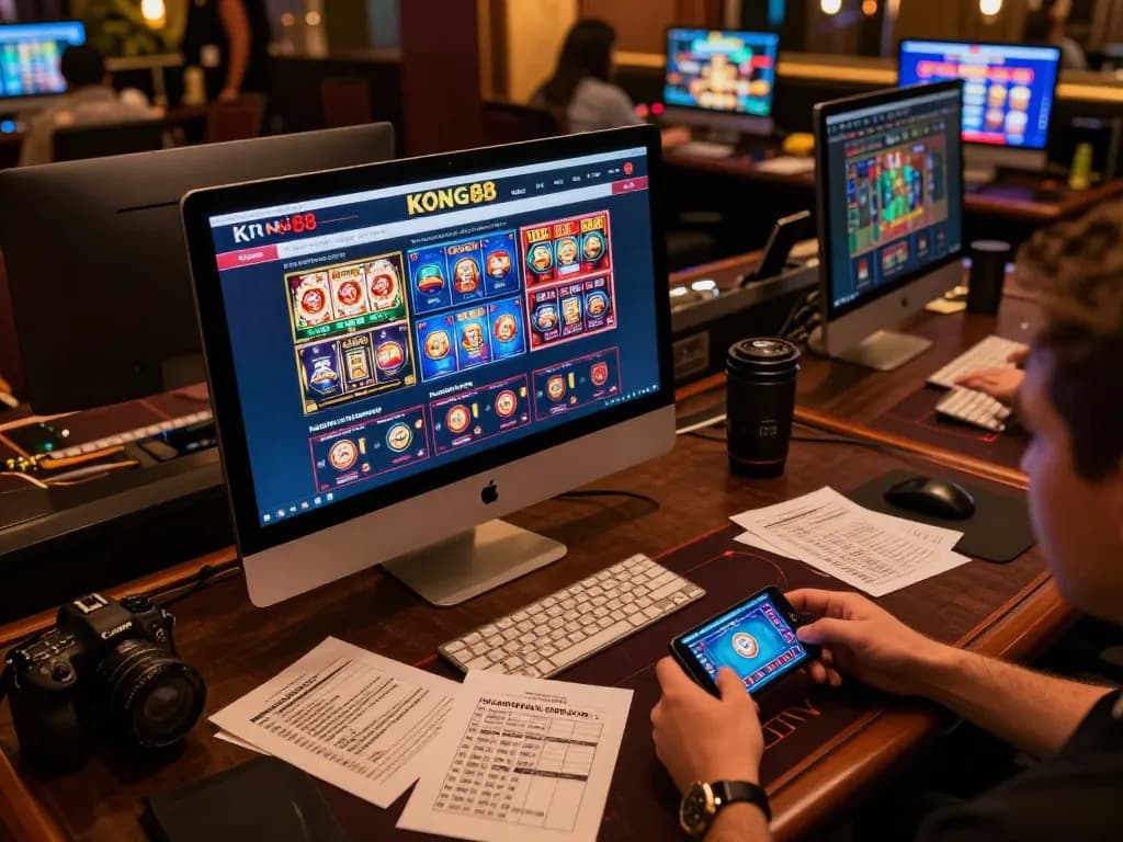 KONG88 player enjoying online casino games on a sleek desktop with vibrant slot displays.