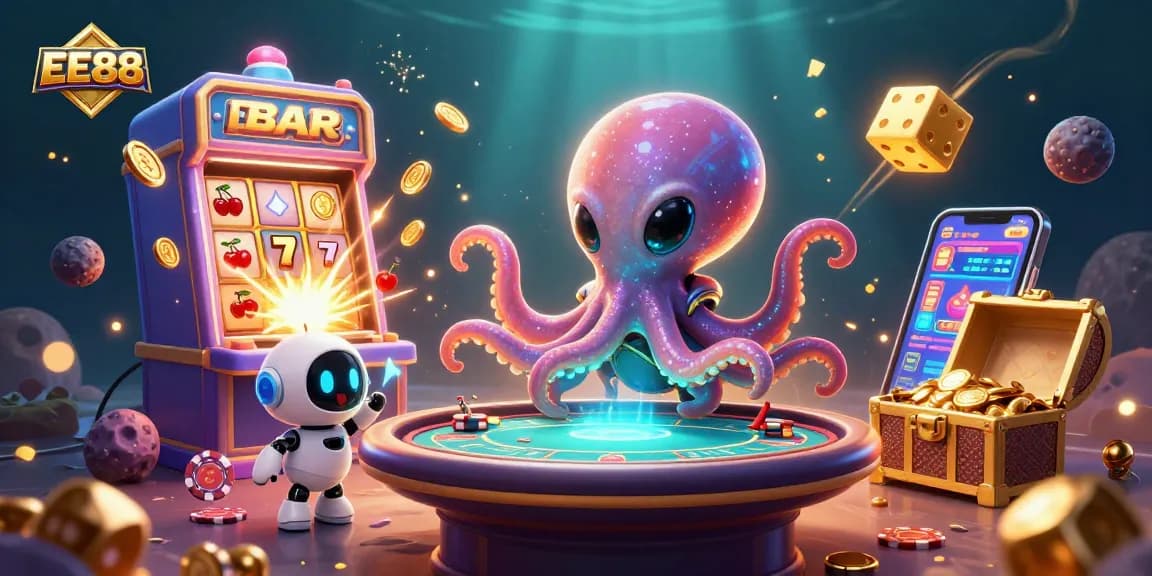 EE88 showcases a dynamic alien octopus engaging in holographic poker, amid vibrant casino elements and a jackpot explosion.