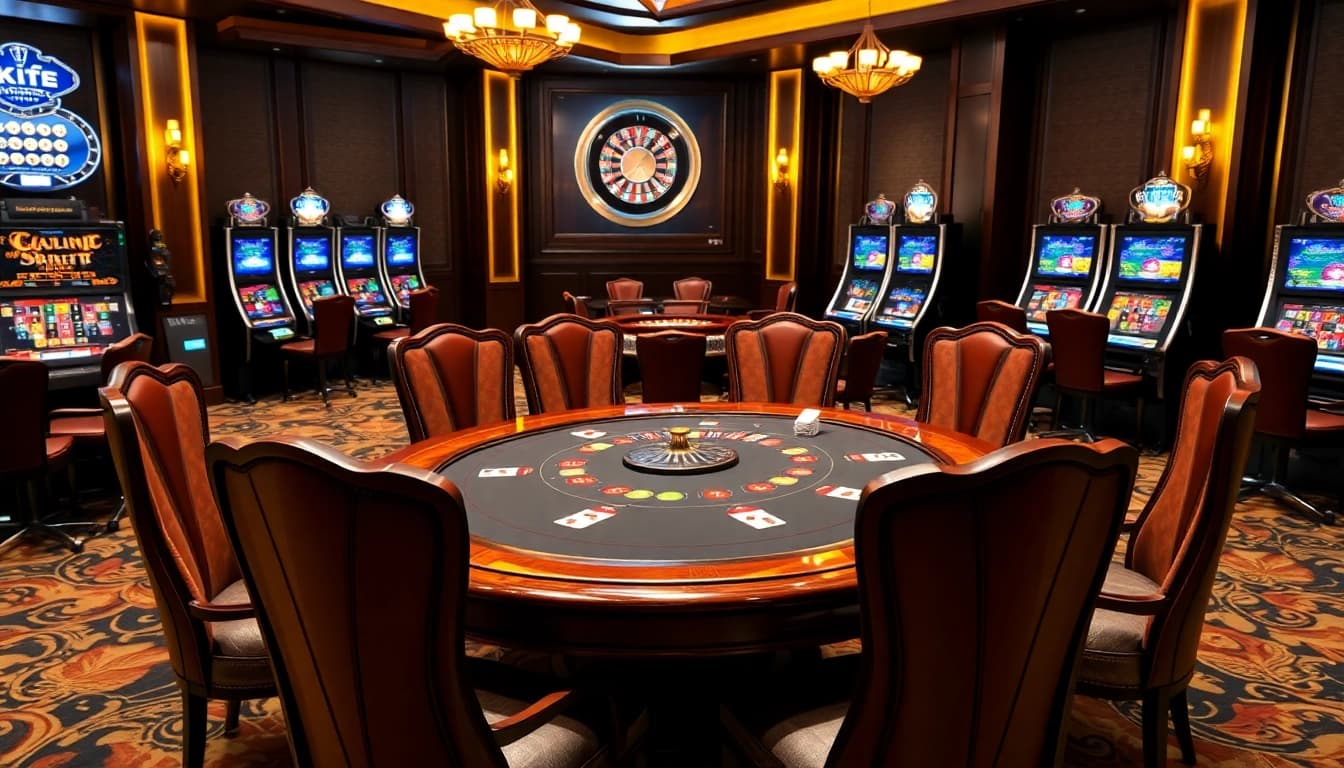 Experience thrilling gaming at https://nk88.sbs/ with a luxurious casino setting featuring a vibrant poker table and roulette wheel.