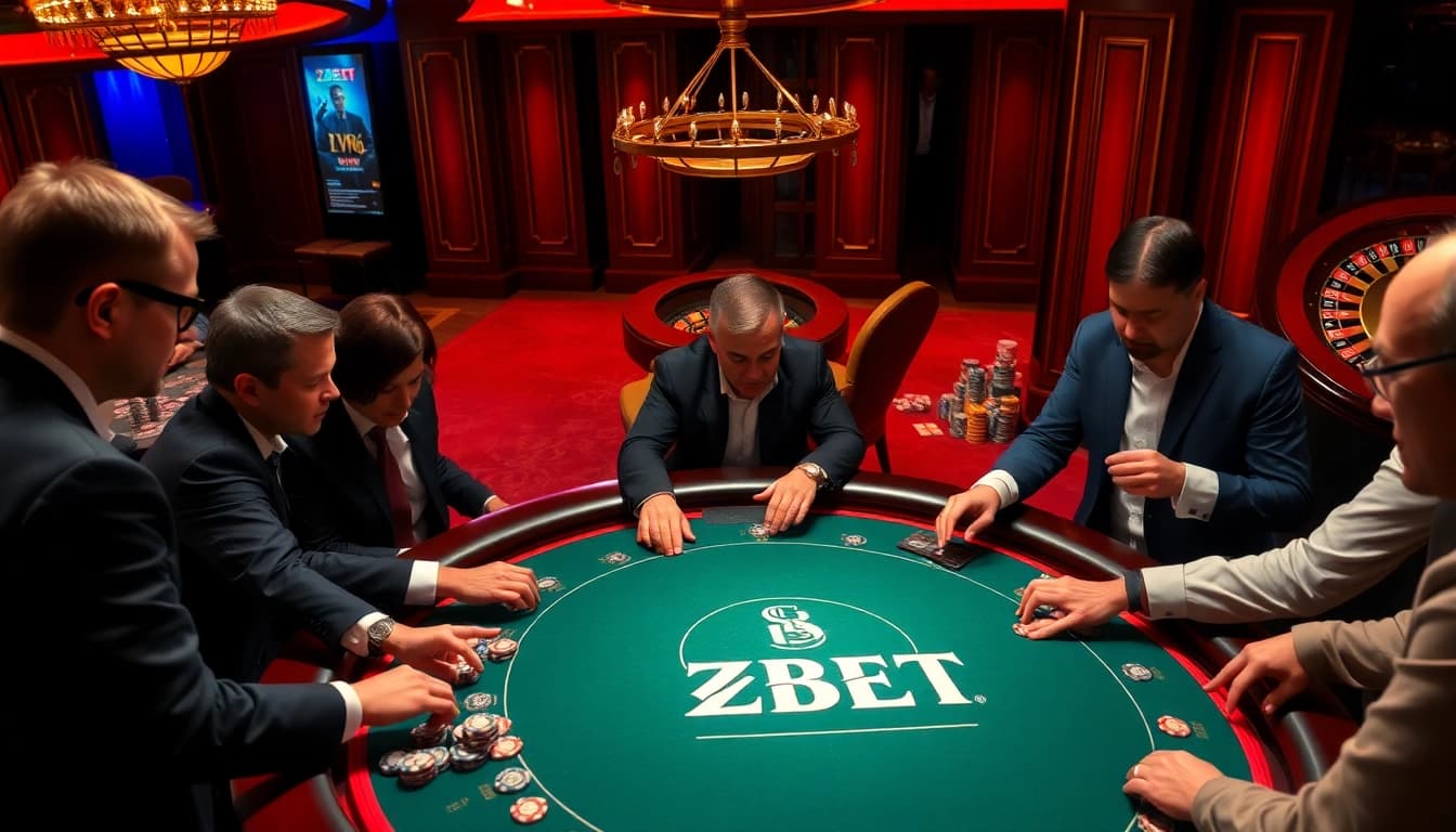 Exciting ZBET poker game with professional players and luxurious casino ambiance.