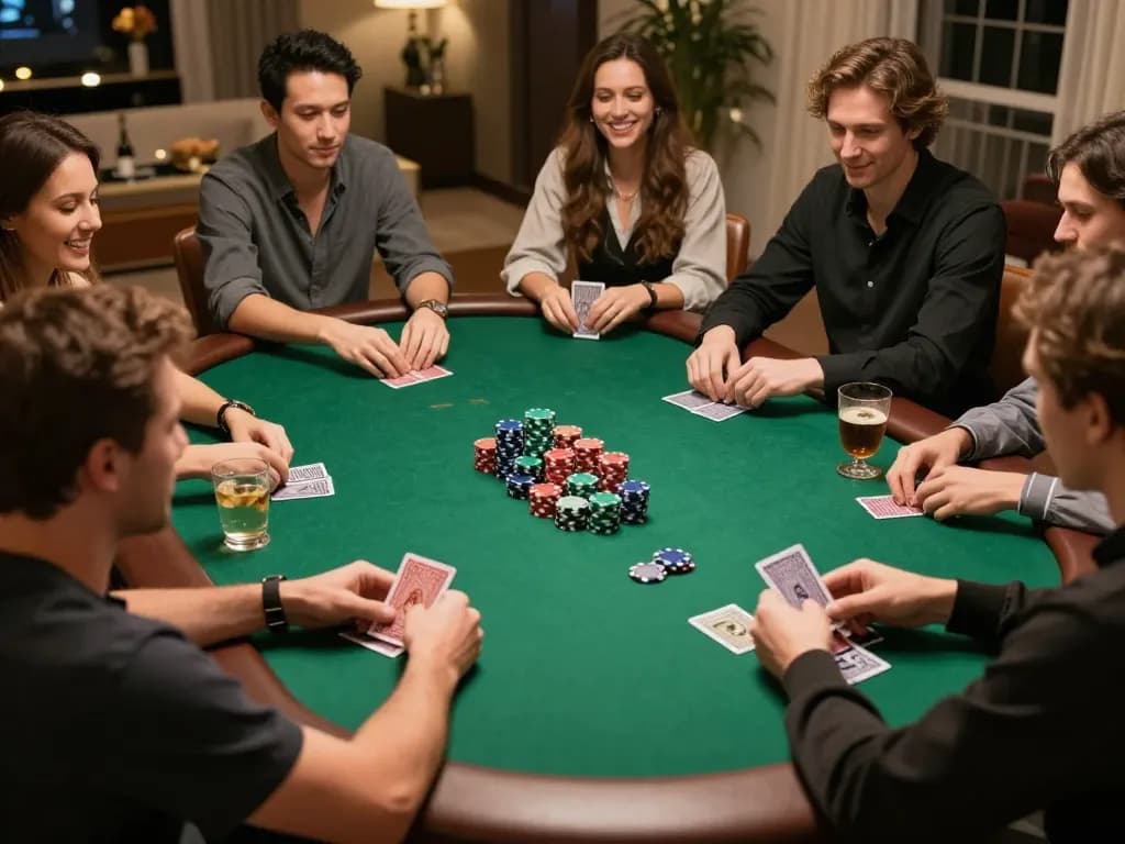 Rik88 players strategizing during a friendly poker night with cards and chips on the table