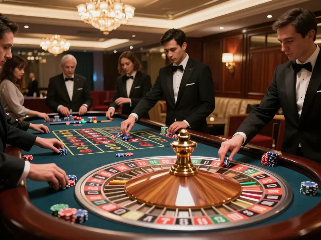 Players engaging at the roulette table in a luxurious casino, highlighting the excitement of KUWIN gaming.