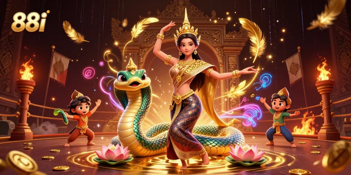 Engage with 88i's exciting casino experience featuring a Thai dancer and vibrant Naga serpent amidst dynamic game elements.