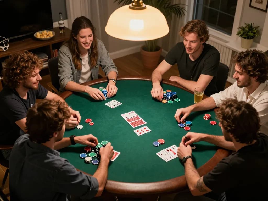 Friends enjoying an exciting poker game at home, showcasing cm88's casual gaming experience