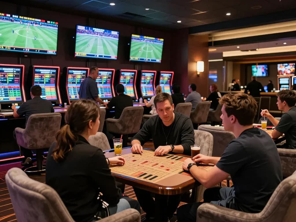 Engaged bettors strategizing winning bets at https://sin88.expert/ sports lounge with multiple screens.