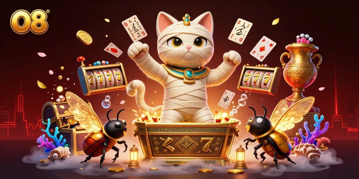 Play your luck at O8 with this vibrant 3D scene featuring a mummy cat and golden treasures.