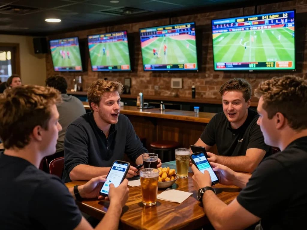 Patrons enjoying live sports betting on the BJ88 app at a vibrant sports bar.