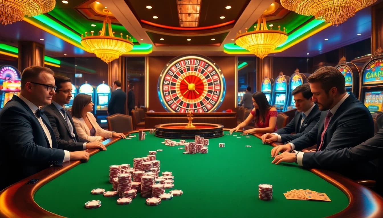 Players enjoying high-stakes poker at SODO CASINO with vibrant slot machines and roulette in the background.
