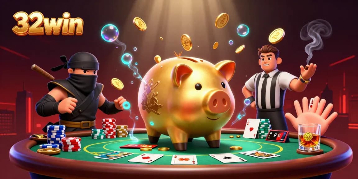 Exciting 32win scene as a piggy bank sumo wrestler shakes coins, with poker elements and vibrant casino atmosphere.