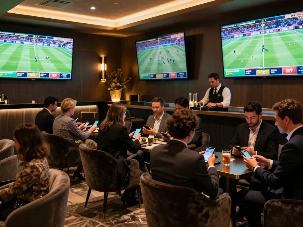Enjoying live sports betting at an upscale lounge while placing bets on bu88 with excitement