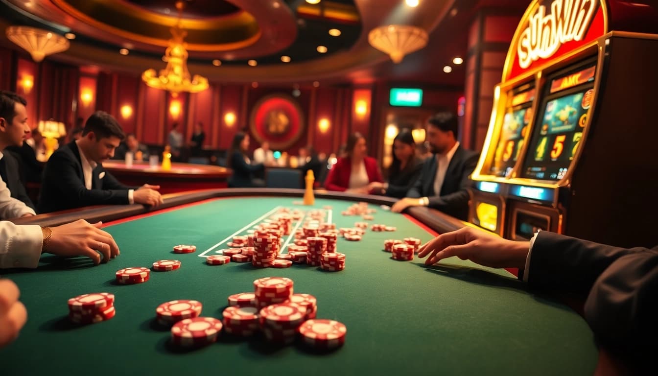 Players engaging in poker at a sunwin-themed casino table filled with vibrant chips and cards.