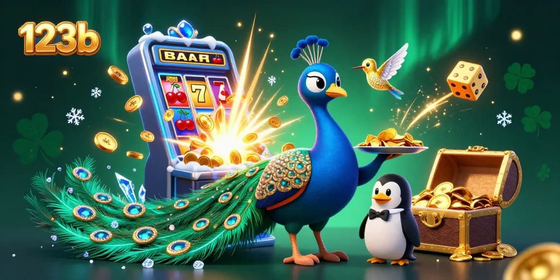 Experience the thrill at 123b with a vibrant 3D casino scene showcasing extravagant characters and dynamic gaming elements.