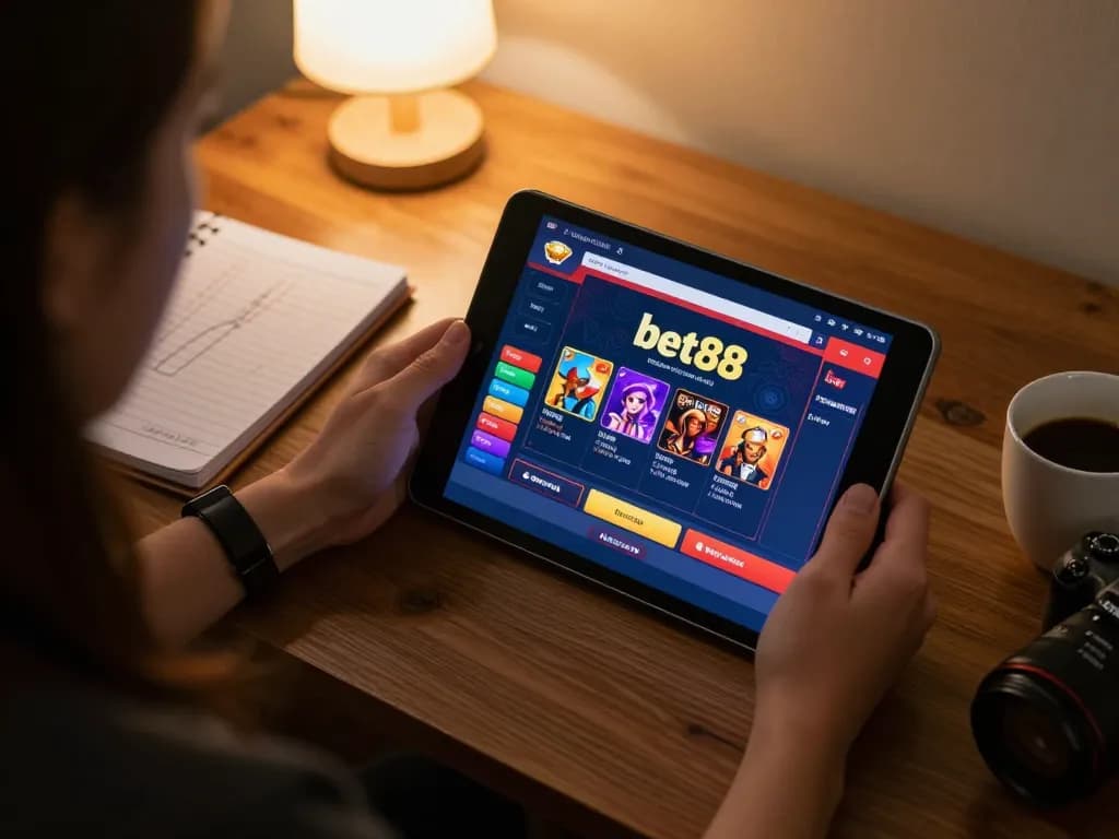 Engaging online gaming moment at bet88 with a player focused on the tablet, showcasing vibrant gameplay