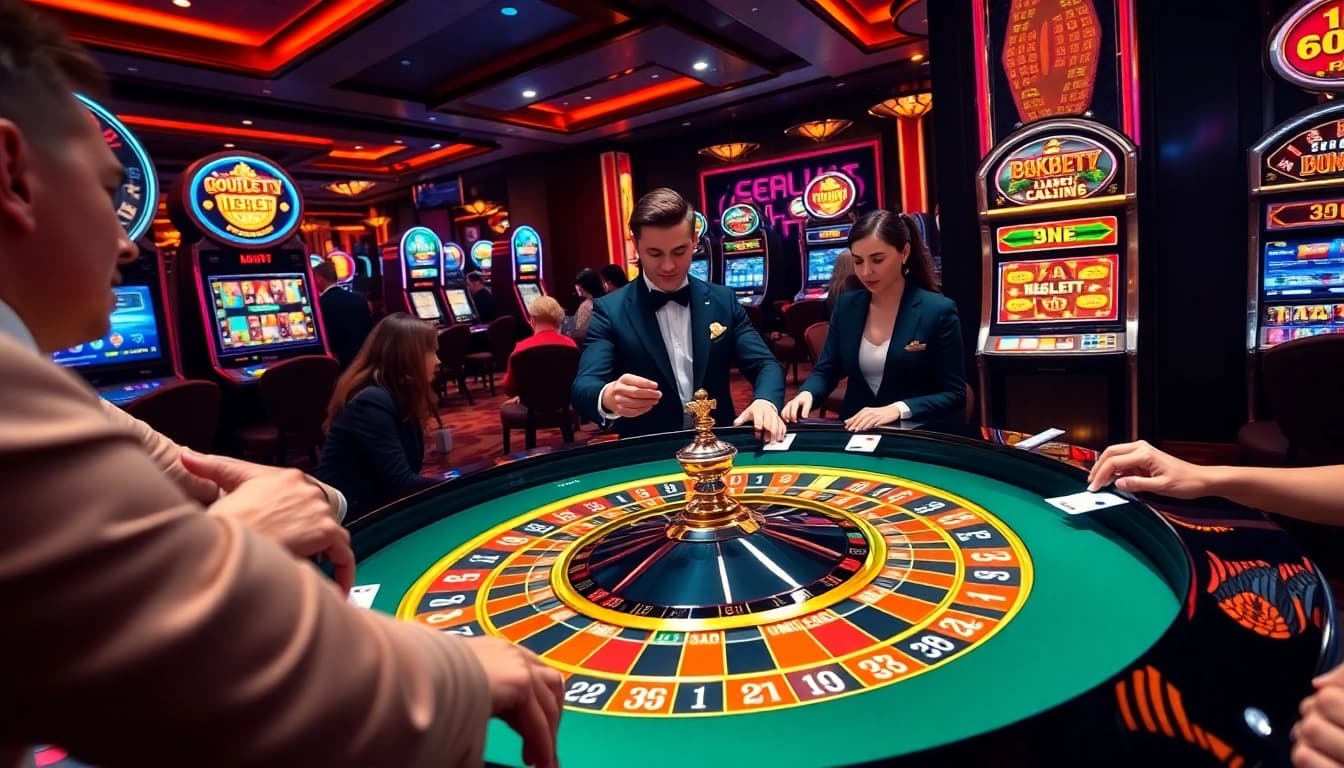 Experience thrilling action at 8KBET roulette table with players placing bets in a luxurious casino.