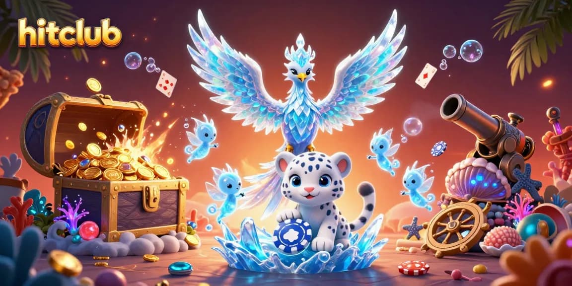 Engage with hitclub's dynamic gaming scene featuring an ice phoenix, poker chips, and enchanting sprites.