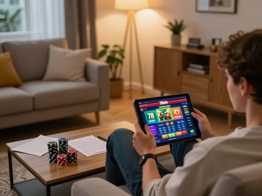 Engaging in online casino gaming with 78win on a tablet, surrounded by a cozy home setup.