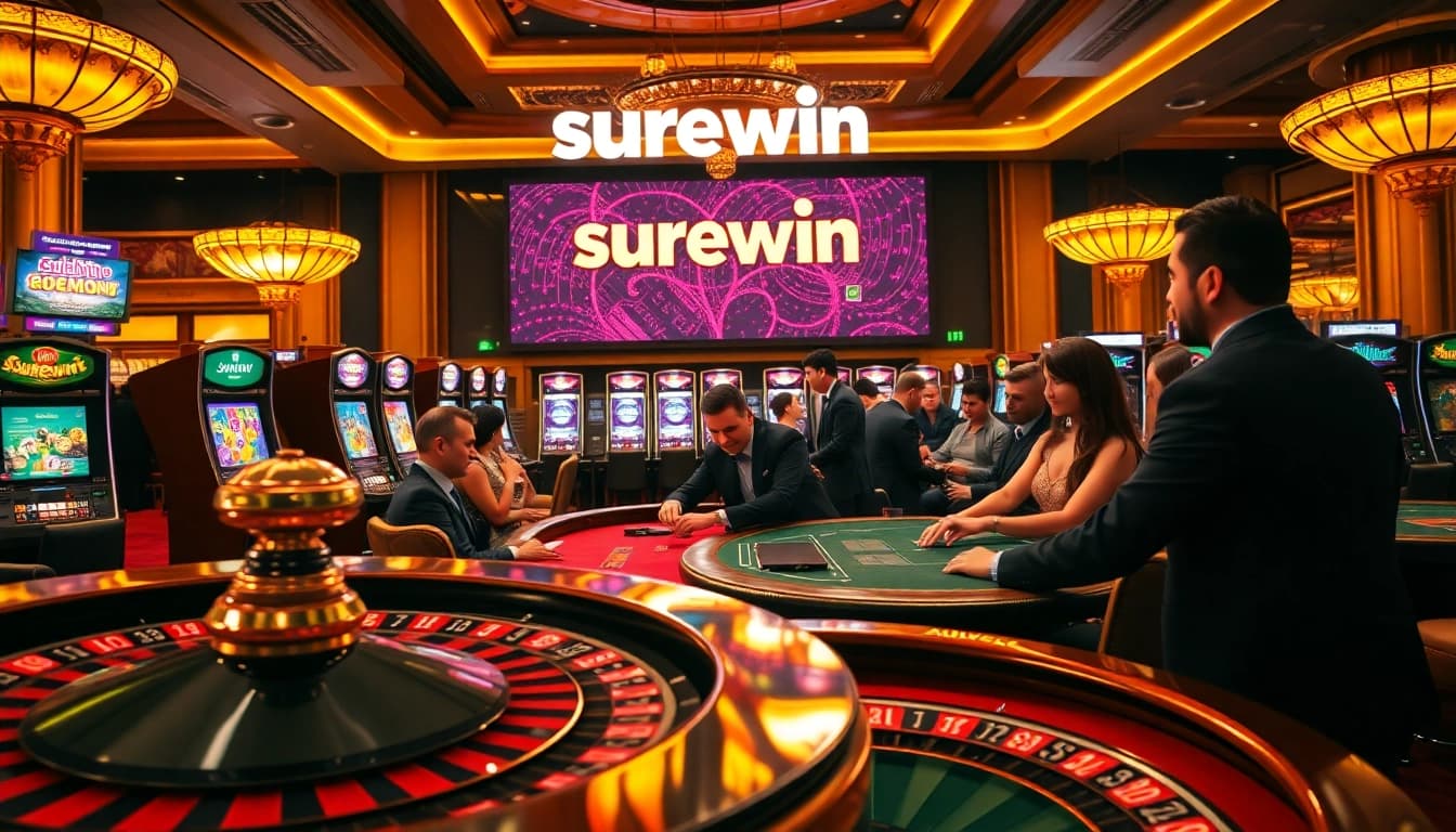 Experience the thrill of winning at surewin's luxurious casino table settings and vibrant slot machines.