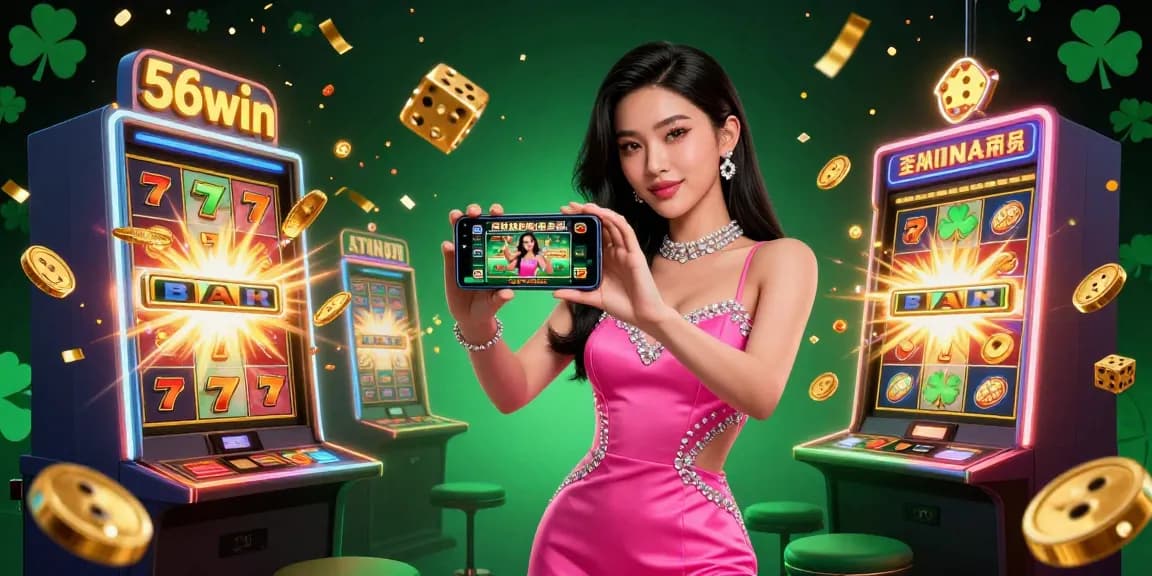 Experience the excitement of 56win with a stunning live dealer game illustration featuring jackpot explosions and vibrant casino elements.