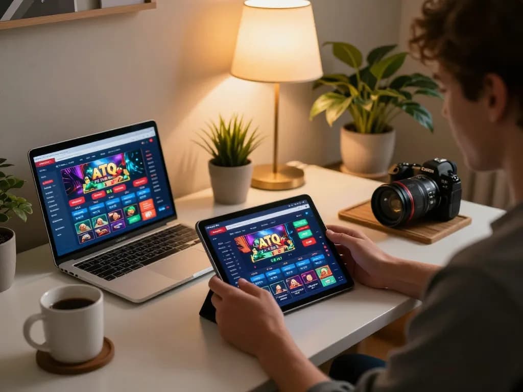 Person engaged in online betting with ATQ app in cozy workspace, fostering responsible gaming.